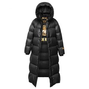 Зимняя черная золотая куртка до колена с капюшоном на гусином пуху для мужчин и женщин, унисекс, уличное теплое пуховое пальто, модный жилет, уличный хип-хоп