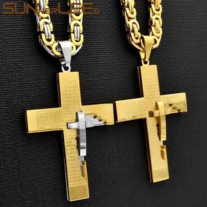 Jóias Sunnerlees Aço Inoxidável Jesus Cristo Cruz Pingente Colar Bizantino Link Chain Sier Cor Banhado A Ouro Homens Meninos Presente Sp247