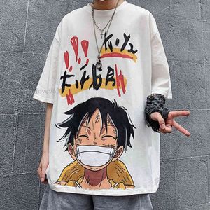 HOUZHOU Летние футболки с короткими рукавами Графическая футболка Белая Haruku Anime One Peace Luffy Мужская одежда Японская уличная одежда Хип-хоп G220512