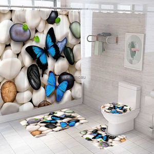 Duş Perdeleri Kelebek üzerinde Çakıl Baskı Duş Perdesi Kadın Banyo Perdesi Dekorasyon Çiçekleri Banyo Mat Set Tuvalet Kapağı Kapak Anti-Slip Halılar