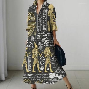 Повседневные платья, осеннее женское длинное платье-рубашка с древнеегипетским принтом, свободный карман, большие размеры, корейская мода, французский винтаж