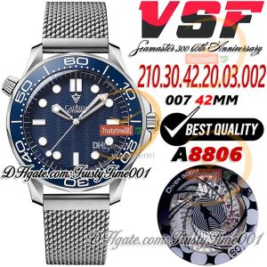VSF Diver 300M 42mm 60th Anniversary A8806 Automatic Mens Watch Blue Textured Dial Titanium Case Stainless Mesh Bracelet Limited Edition Tru