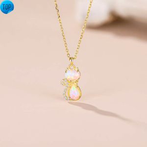 Nuovo opale artificiale simpatico gattino collana in argento 925 micro-intarsiato pietra moissanite gattino catena clavicola gioielli