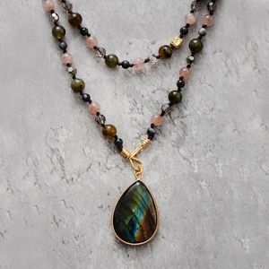 Kolyeler Vintage doğal taş labradorit kristal boncuklar düğüm gözyaşı kolye meditasyonu yoga kolye bohochic mücevher dropship