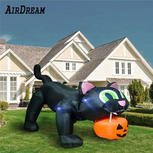 wholesale Large LED Inflatable Black Evil Cat With Pumpkin Crazy Inflatables PumpkinBlack Cats Festival Halloween Scary