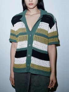 Kadın Sweaters Moda Kadınlar İçi Boş Örme Süveter 2024 Yaz Kısa Kollu Polo Yaka Kartan Basit Vintage Nedensel Çizgili