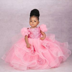 Pink Little Kids Birthday Party Dresses Flower Girl Dresses Short Sleeves Tiered Tulle Lace Beaded Flowergirl Dress Princess Queen Marriage Gowns NF040