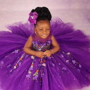 Purple 1st Birthday Party Dresses Flower Girl Dresses Sheer Neck Tiered Tulle Beaded Pearls Flowergirl Dress Princess Queen Marriage Gowns For Little Kids NF040