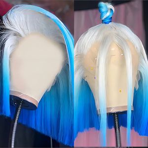 Brezilya mavi kısa bob peruk dantel ön insan saç perukları düz dantel ön peruk renkli şeffaf dantel peruk kadınlar için