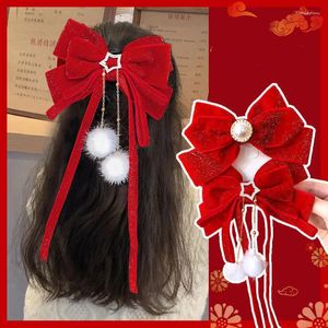 Saç aksesuarları bebek yılı saç tokaları kırmızı yay uzun şerit prenses kızlar başlık klipler Koreli sevimli ponpon çocuk hediyeleri