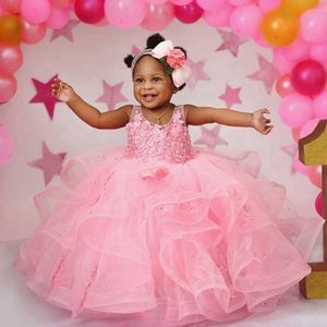 Pink Little Kids Birthday Party Dresses Flower Girl Dresses Sheer Neck Appliqued Lace Tiered Tulle Beaded Flowergirl Dress Princess Queen Marriage Gowns NF043
