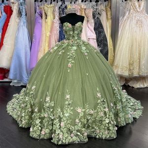 Angelsbridep Yeşil Balo Gown Quinceanera Elbiseler Boncuklar Tatlım 3D Çiçek Brithday Dance Party Vestidos de Quinceanera