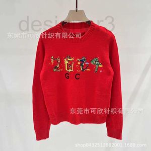 Suéteres femininos Designer de gola redonda com letras bordadas de lã de manga comprida para roupas femininas, suéter vermelho chinês, novo produto lançado em 2024