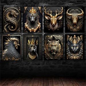 Resimler Siyah Altın Metal Hayvan Duvar Sanat Tuval Resim Kral Aslan Dragon Tiger Köpek Poster Modern Oturma Odası Dekor için Resimler
