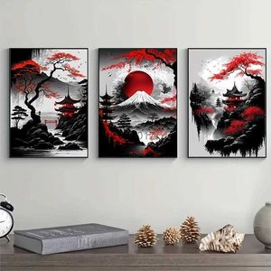 Resimler 3pcs Çerçevesiz Japon Doğal Manzara Tuval Boyama Siyah ve Kırmızı Posterler Vintage Mürekkep Sanat Duvar Baskıları Oturma Odası Evi