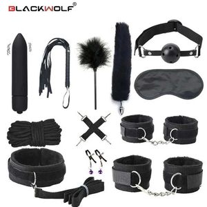 Bondage sexy couro bdsm kits de pelúcia sexo bondage conjunto algemas jogos sexuais chicote mordaça mamilo grampos brinquedos sexuais para casais acessórios exóticos