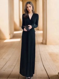 Uzun Kollu Elbiseler Yeni Bahar Yüksek Kaliteli Kadın Moda Partisi Siyah V-Gell Elastikiyet Zarif Seksi Güzel Süper Maxi Elbise