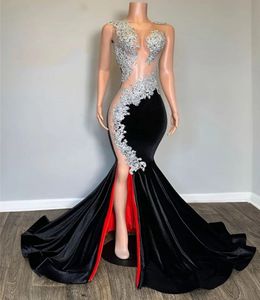 Сексуальное черное бархатное вечернее платье для женщин, прозрачное серебряное кружевное платье с аппликациями и аппликациями, Русалка для выпускного вечера, африканское платье De Soiree