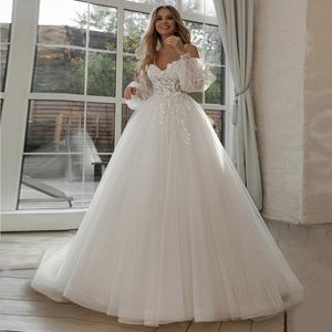 Stunningbride 2024 New Arrival Ball Gown Glitter Wedding Dresses Removable Puffy Long Sleeve Appliques Lace Tulle Bohemian Bridal Gowns
