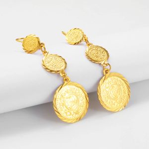 Kadınlar için Arap Sikke Küpeleri 14K Sarı Altın Müslüman İslami Mücevherler Eski Sikkeler, İslam Kızları