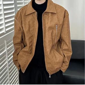 Мужские куртки, осенняя американская кожаная куртка в стиле ретро, модная уличная повседневная однотонная куртка на молнии с карманом и отложным воротником, коричневая, черная