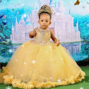 Yellow Flower Girl Dresses with Detachable Ball Gown Pearls Lace Tiered Tulle Lace Flowergirl Dresses Princess Queen Kids Birthday Party Dress for Marriage NF048