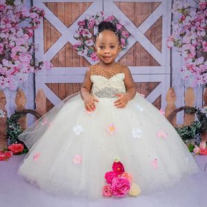 White Flower Girl Dresses Sheer Neck Neck Rehinestones Beaded Tiered Tulle Flowergirl Dresses Colorful Princess Queen Kids Birthday Party Dress for Marriage NF054