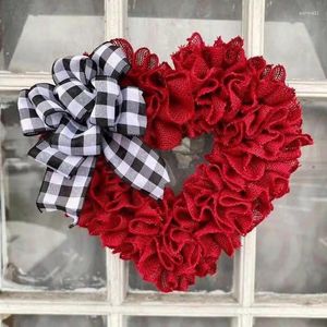 Dekoratif çiçekler 40 cm kırmızı aşk kalp çelenk ekose yay kapısı şeklindeki çelenkler ile düğün duvar süslemeleri mutlu sevgililer günü hediyeler