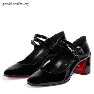 Marka Ayakkabıları Paris Kadın Sandalet Pompaları Ayakkabı Yüksek Topuklu Kaçır Miss 55mm Patent Deri Pompası Mary Jane Çift Kayış Blok Heeled 2024