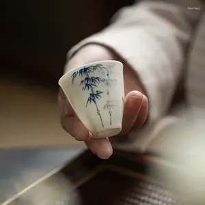 Xícaras Pires 2 Pçs/lote Pintados À Mão Bambu Branco Chinês Cerâmica Linda Xícara de Chá Conjunto Canecas Para Cerimônia Teacup