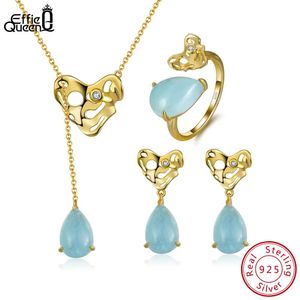 Charm Effie Kraliçe Doğal Aquamarine Taş Sterling Sier Takı Set Küpe Yüzük Kolye Seti Gelin Düğün Takı SSGM05