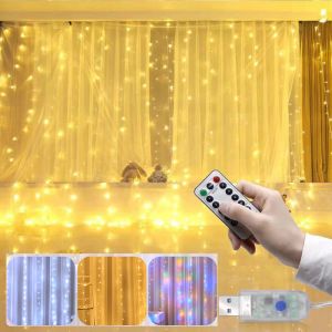 Perde çelenk LED String Lights festivali Noel dekorasyonu 8 mod USB uzaktan kumanda tatil peri ışıkları yatak odası için ev