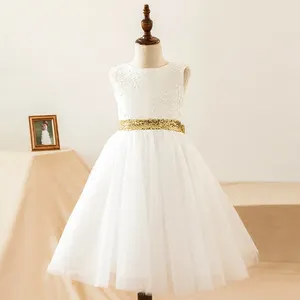 Kız Elbiseler Beyaz Zarif Junior Nedime Elbise Dantel Tül Yarım Kollu Prenses Yay Konseri Çay boyu Çiçek