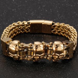 14K Sarı Altın Zincir Mezarlık Punk Gotik Kafatası Bilekliği Manyetik Tokalı Hayvan Kafası Homme Armband Erkek