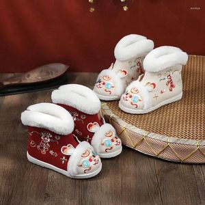 Stiefel Baby Retro bestickt handgemachte Schuhe Prinzessin Mädchen Hanfu Knöchel Kunstpelz Winter warme Thermoschuhe altes Peking