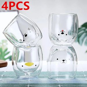 4pcs Yaratıcı Sevimli Çift Duvar Cam Kupa 250ml Ayı Kedi Köpek Ördek Hayvan Bira Sütü Kahve Kupası Sevgililer Günü Hediye 240127