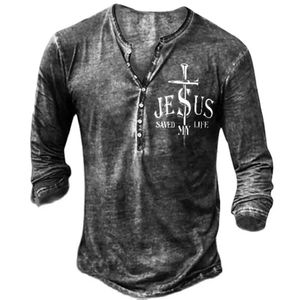 Maglietta Henley da uomo stile Jesus Cross Magliette Primavera Autunno Imitazione cotone scollo a V manica lunga Street Top Abbigliamento uomo 240119