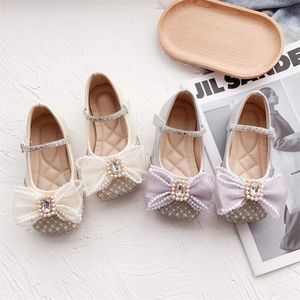 Children Girls' Leather Shoes Rhinestone Bow Pearl Princess Girls Party Dance Shoes Single Flats Kids Performance Shoe 240122