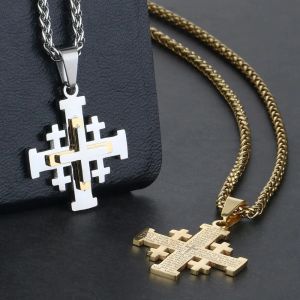 Halsketten mit Jerusalem-Kreuz-Anhänger aus 14 Karat Gelbgold für Damen und Herren, Bibelketten, Halsketten, mittelalterlicher religiöser Schmuck, Geschenk