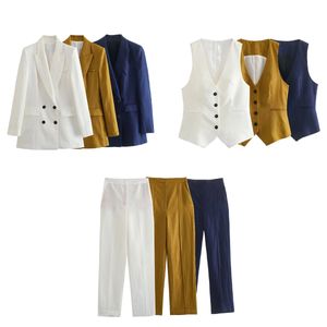 Fashion Womens Suit Set Autumn of 3 Pieces Linen Casual Trousers for Women Elegant Woman Chic Trouser Blazer 240124