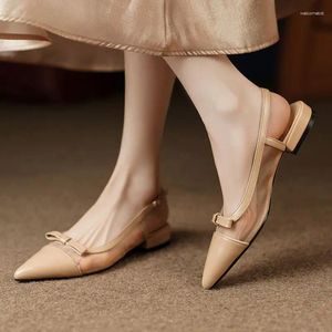 Sandálias 2024 Mulheres Pointed Toe Mesh Slip On Dress Shoes Bow Beathable Flats Organza Boat Low Heels