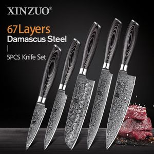 XINZUO 1pcs/5pcs Kitchen Knives Set 67Layer VG10 Damascus Steel Chef Cleaver Santoku Utility Paring Knife Pakkawood Handle 240118