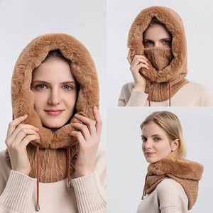 Winter Fur Cap Mask Set Hooded for Women Knitted Cashmere Neck Warm Balaclava Ski Windproof Hat Thick Plush Fluffy Beanies hood 240124