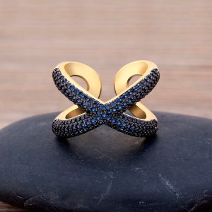 Cazibe basit x şekil çapraz 14k sarı altın zirkon yüzüğü lüks cz taş 5 renk yüksek kaliteli düğün parmağı ayarlanabilir açık yüzük