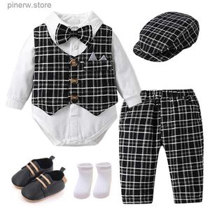 Комплекты одежды Одежда для джентльменов для новорожденных Клетчатый жилет Шляпа Брюки Белый боди 7 шт. Свадебный костюм для маленьких мальчиков Торжественный комплект для выступлений