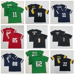 Dhgate dikişli bebek futbol formaları forması kişiselleştirilmiş bebek Kelce Mahomes Futbol Formaları Kelly Green Bosa Rice Yakuda Jersey