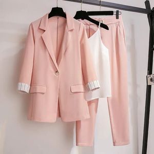 Womens Spring Summer Thin Blazer Pants 3 Pcs Set Korean Office Lady Work Graceful Suit Coat Trousers Vest Outfits Daily Clothes 240124