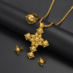 Ожерелье из желтого золота 14 карат с эфиопским крестом, серьги, кольца, Африканский вечерний комплект ювелирных изделий для женщин и девочек, эритрейские аксессуары хабеша