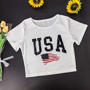 Kadınlar T-Shirt ABD Amerikan Bayrak Desen Baskı T-Shirt Vintage Harajuku İnce Kısa Kol Mahsul Üst Sokak Giyim Kadın Giysileri Y2K Seksi Bebek Tee T240129