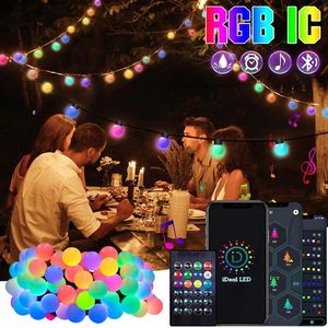 Струны RGB IC Ball Garland Light LED Fairy String Bulb Bluetooth APP Control Водонепроницаемая лампа для патио Свадьба Праздничная вечеринка Огни Decorat